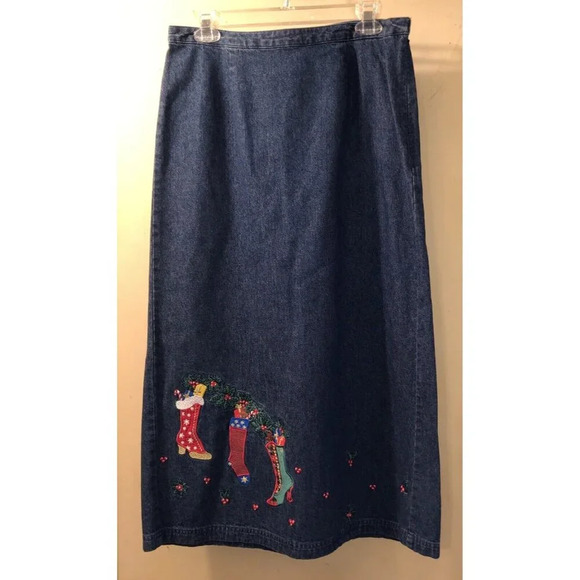 Westbound Dresses & Skirts - Vintage Jean Denim Skirt Embroidered Christmas Westbound Long Vented Modest